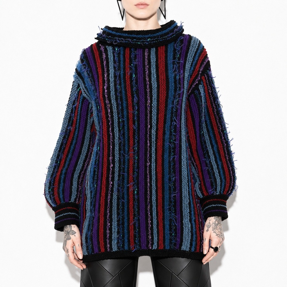 80s Vintage Bishop Sleeve Tunic Sweater Womens M L Funnel Neck Oversized Boho